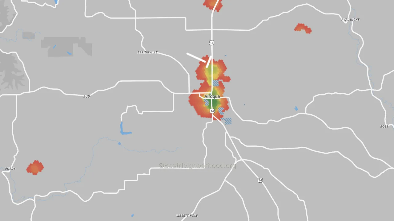 Walk Grade map of 54665, WI, walkable areas in green and car-dependent areas in red