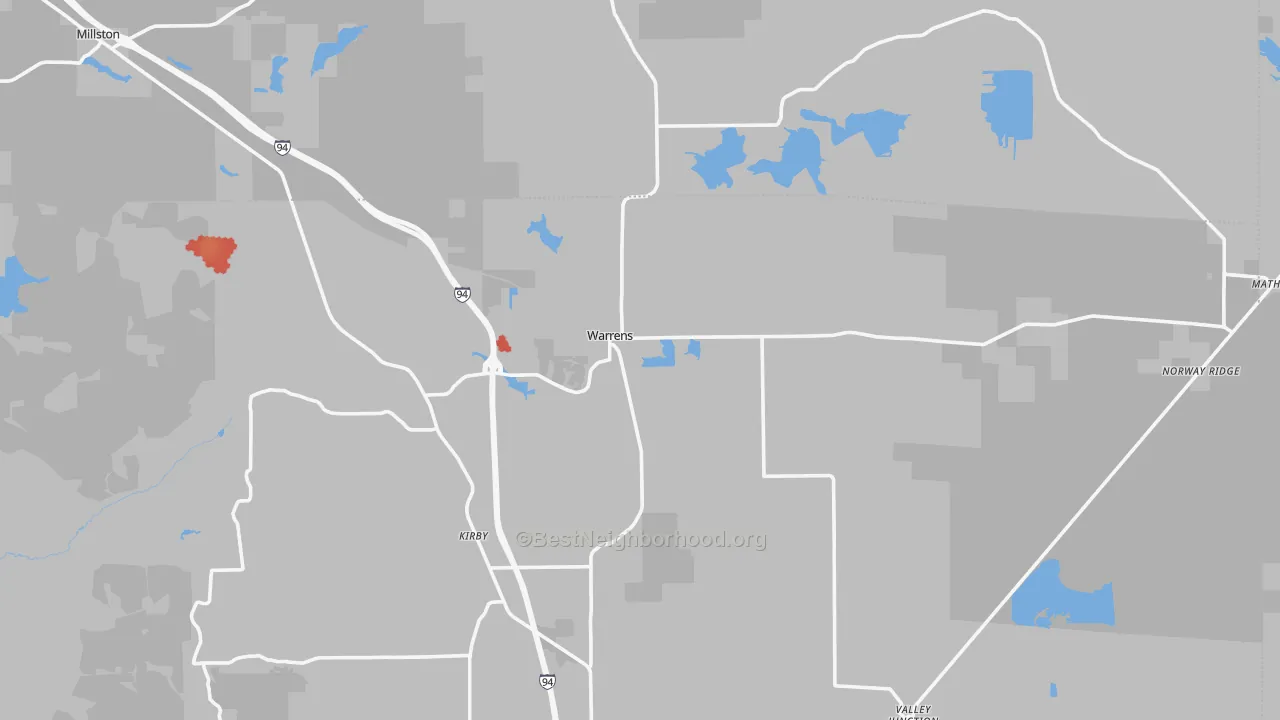 Walk Grade map of 54666, WI, walkable areas in green and car-dependent areas in red