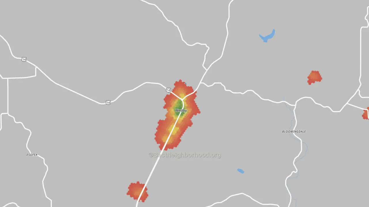 Walk Grade map of 54667, WI, walkable areas in green and car-dependent areas in red