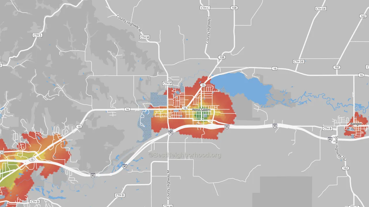 Walk Grade map of 54669, WI, walkable areas in green and car-dependent areas in red