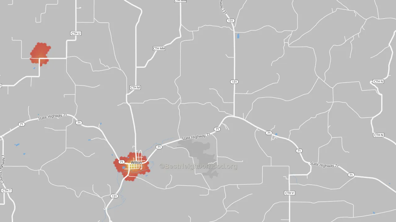 Walk Grade map of 54670, WI, walkable areas in green and car-dependent areas in red