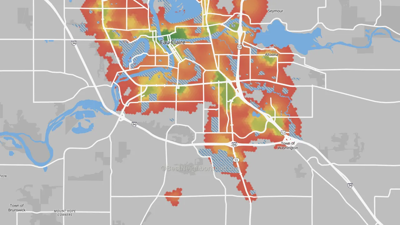 Walk Grade map of 54701, WI, walkable areas in green and car-dependent areas in red