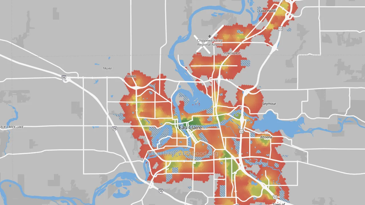 Walk Grade map of 54703, WI, walkable areas in green and car-dependent areas in red