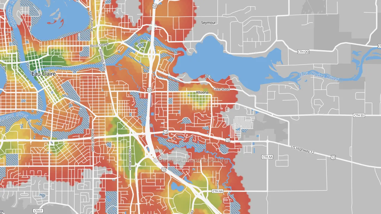 Walk Grade map of 54720, WI, walkable areas in green and car-dependent areas in red
