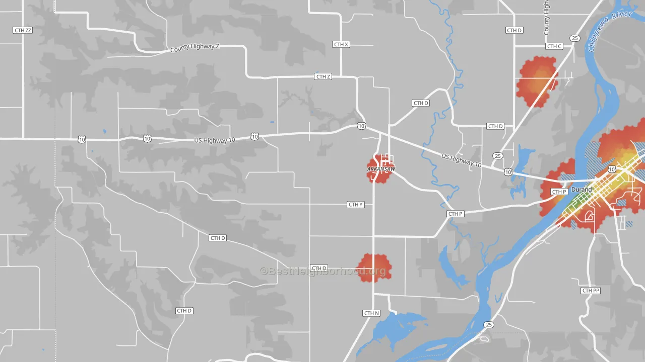 Walk Grade map of 54721, WI, walkable areas in green and car-dependent areas in red