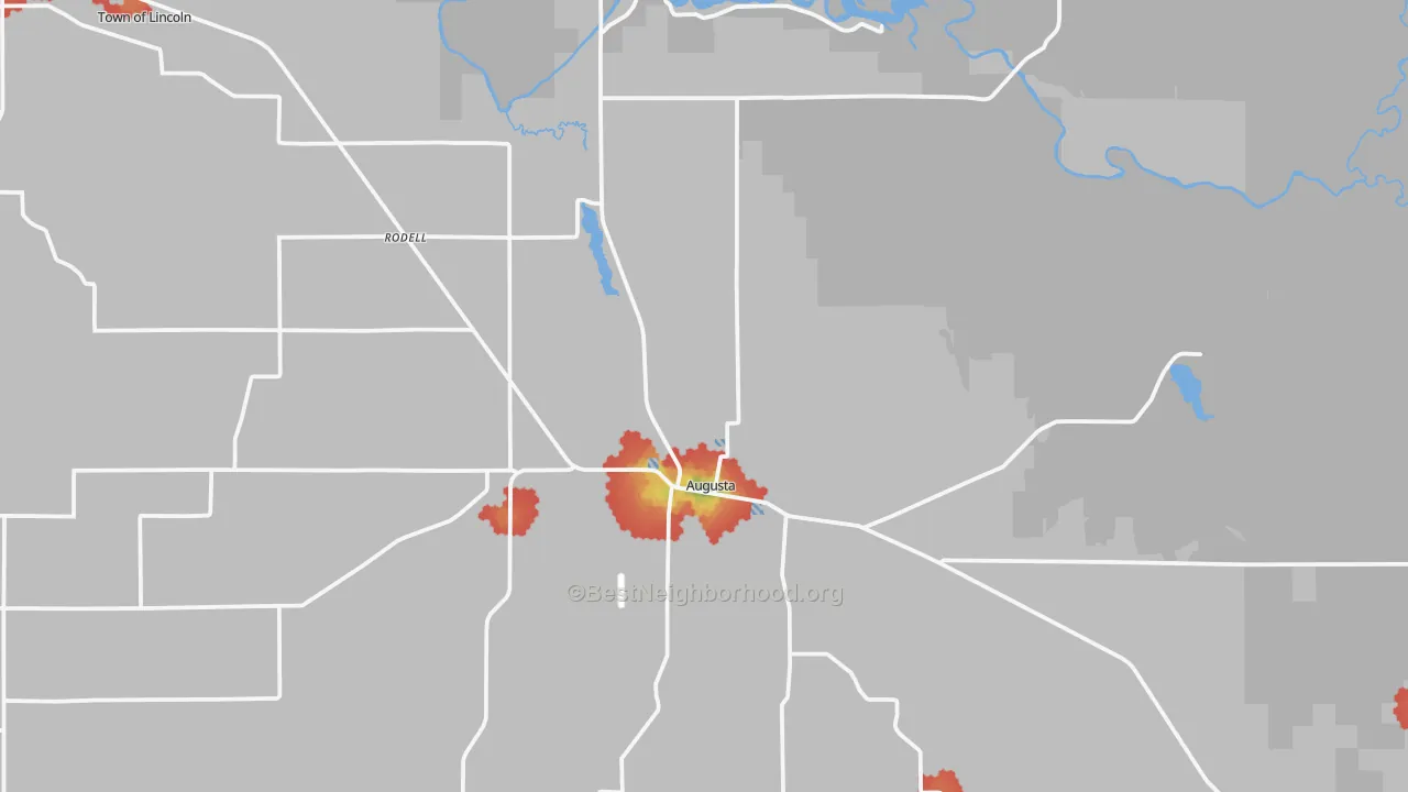Walk Grade map of 54722, WI, walkable areas in green and car-dependent areas in red