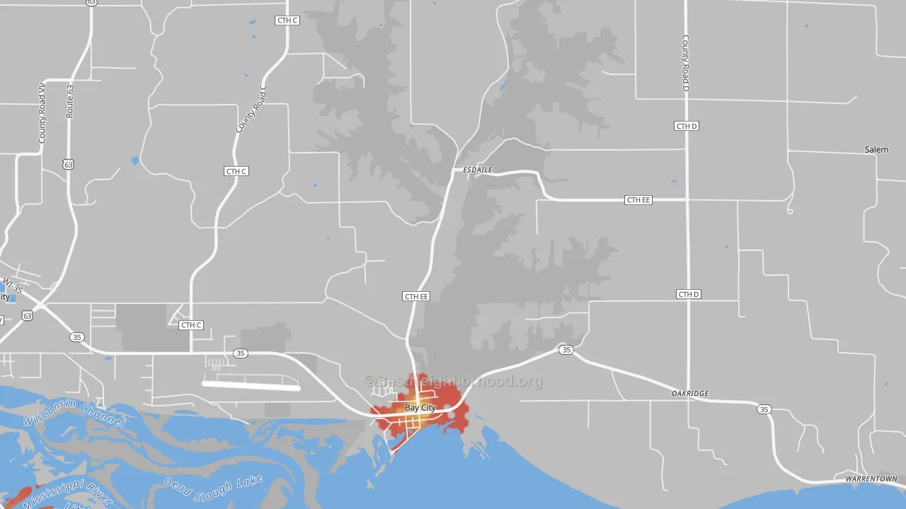 Walk Grade map of 54723, WI, walkable areas in green and car-dependent areas in red