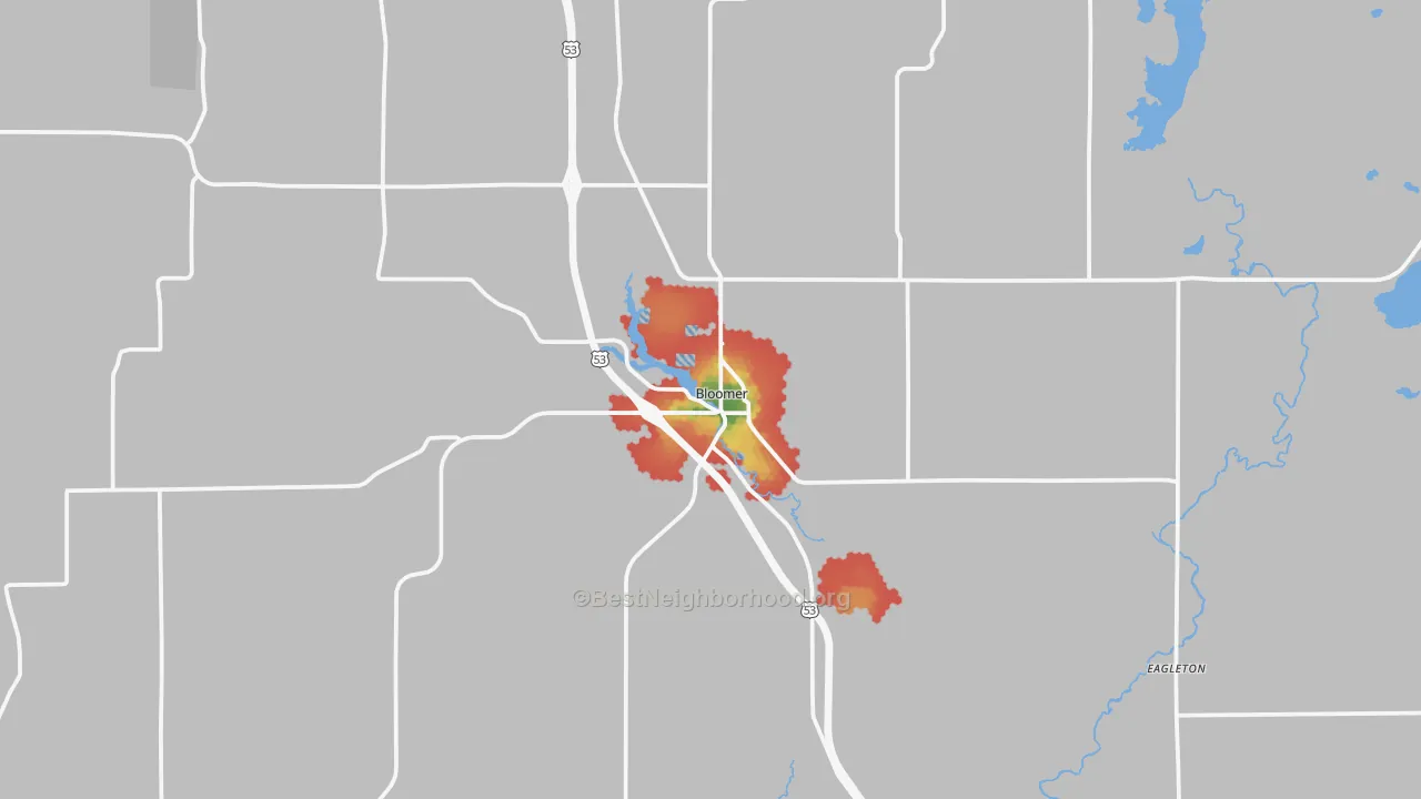 Walk Grade map of 54724, WI, walkable areas in green and car-dependent areas in red