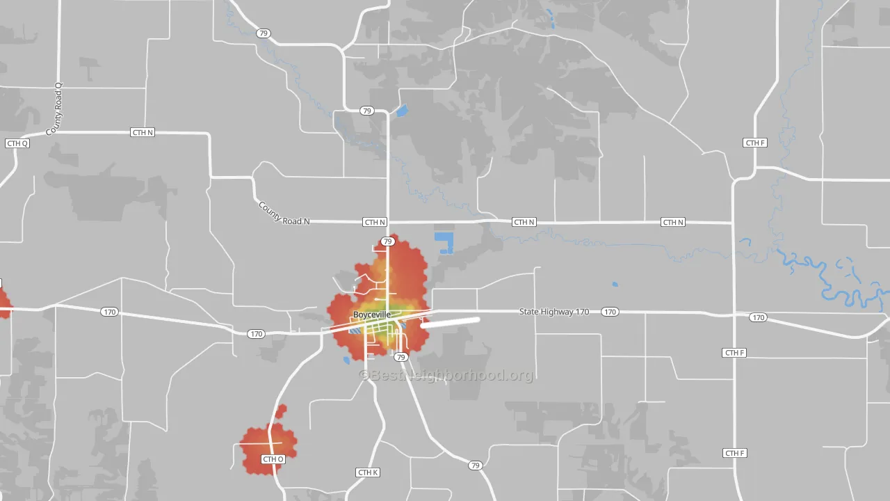 Walk Grade map of 54725, WI, walkable areas in green and car-dependent areas in red