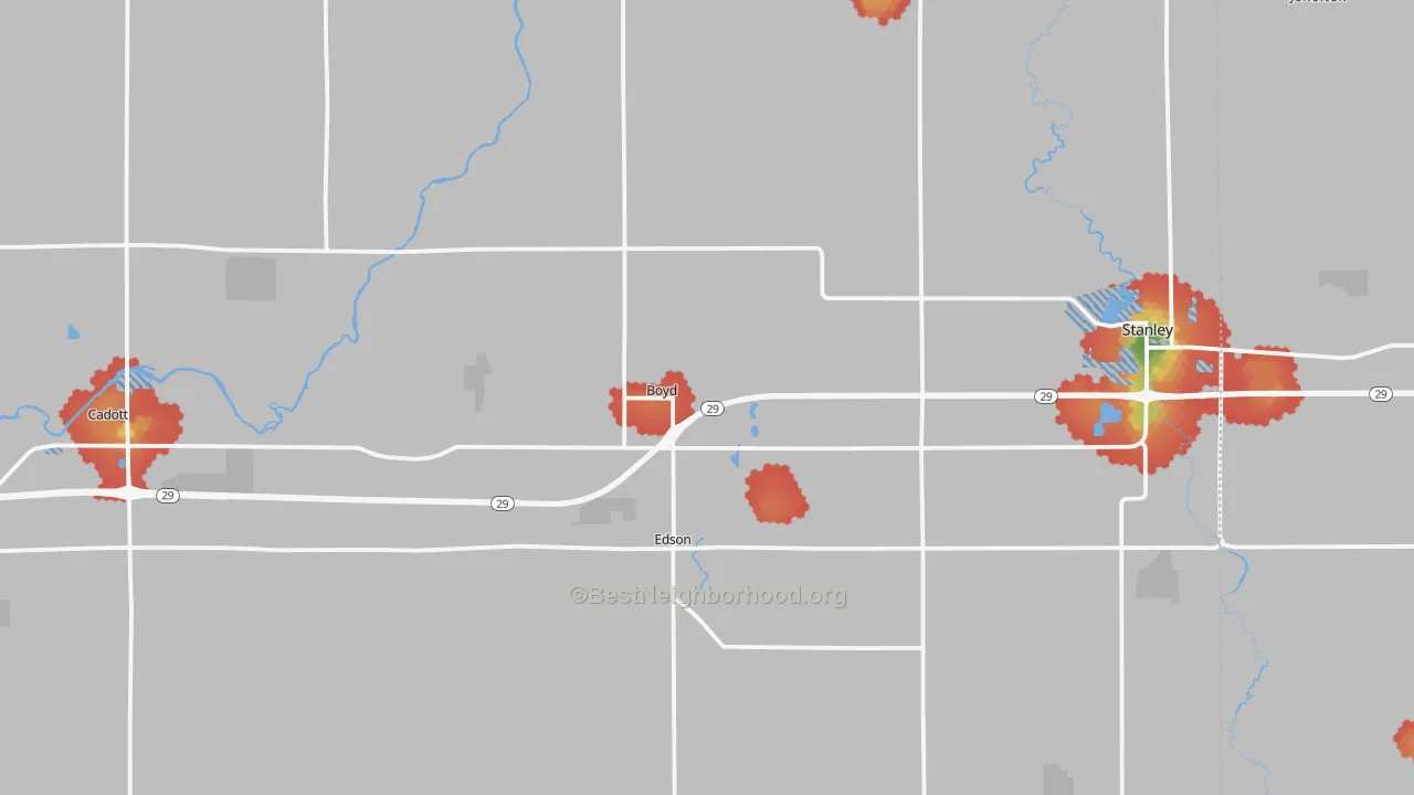 Walk Grade map of 54726, WI, walkable areas in green and car-dependent areas in red