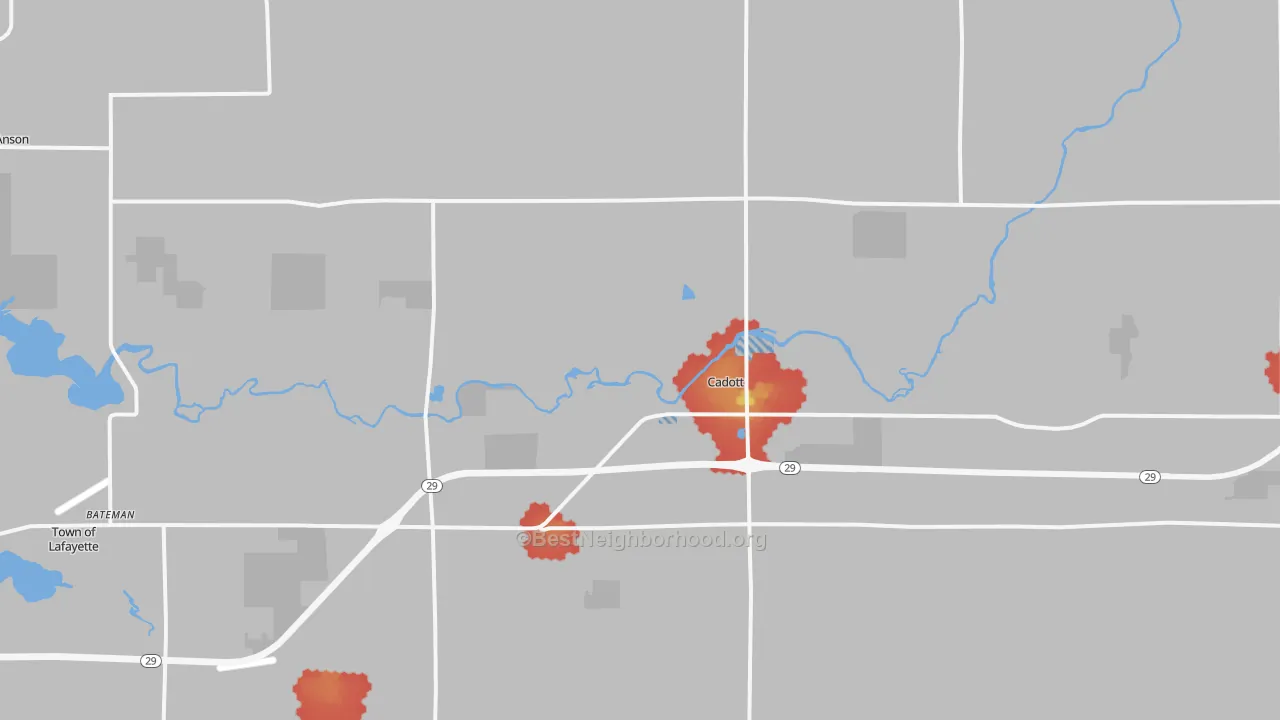 Walk Grade map of 54727, WI, walkable areas in green and car-dependent areas in red
