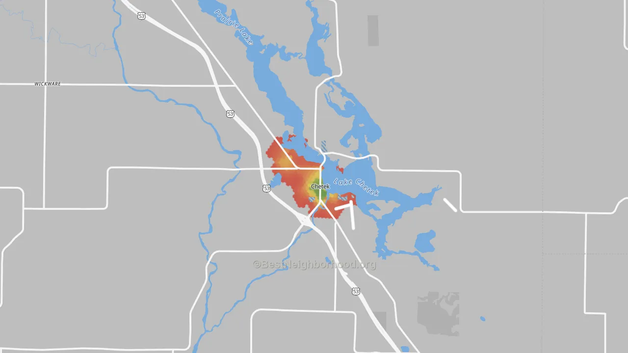 Walk Grade map of 54728, WI, walkable areas in green and car-dependent areas in red