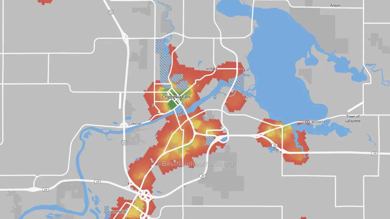 Walk Grade map of 54729, WI, walkable areas in green and car-dependent areas in red