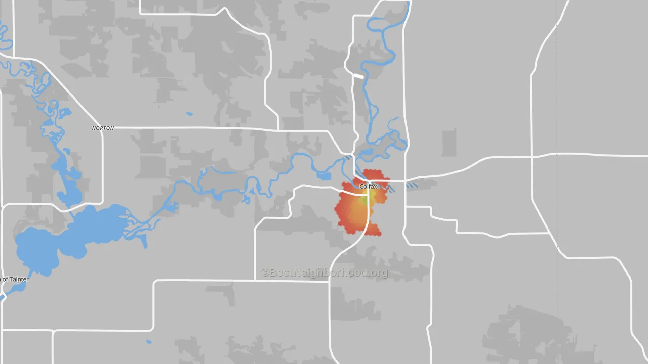Walk Grade map of 54730, WI, walkable areas in green and car-dependent areas in red