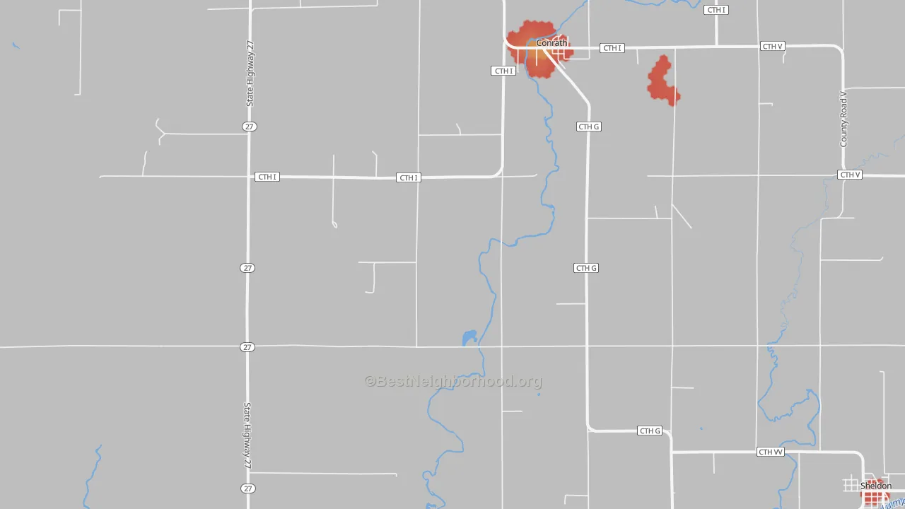 Walk Grade map of 54731, WI, walkable areas in green and car-dependent areas in red