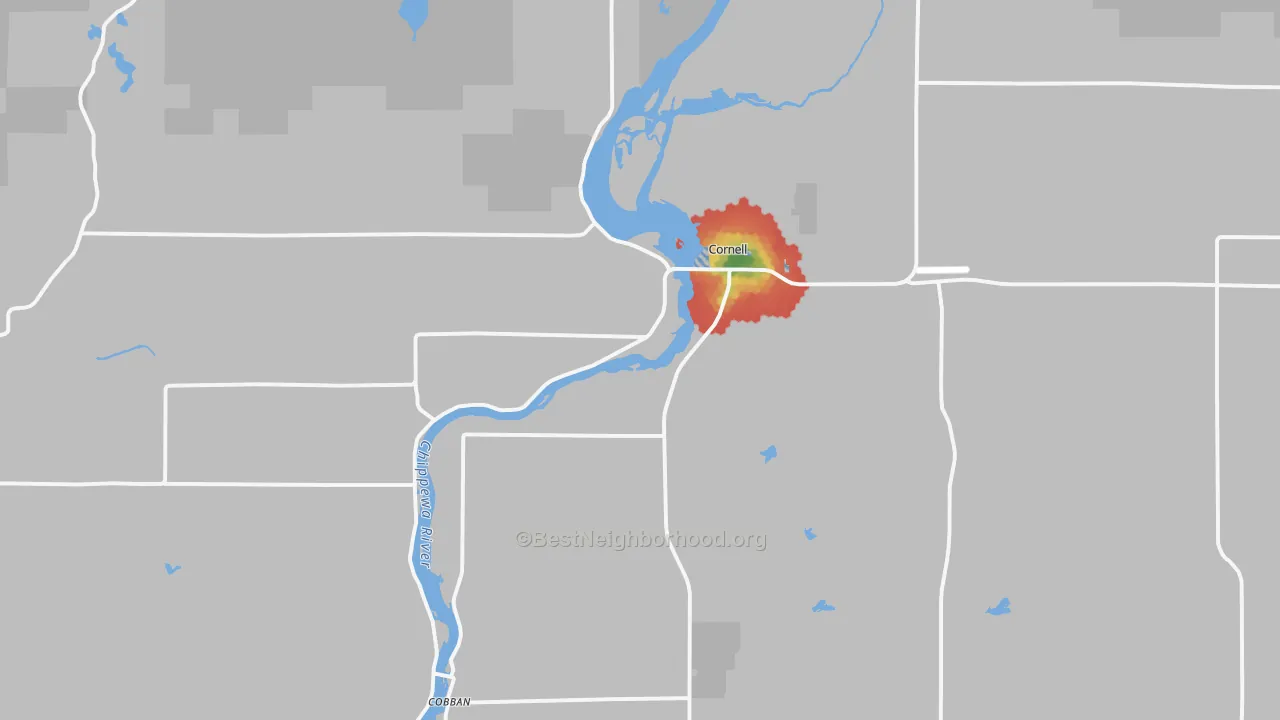 Walk Grade map of 54732, WI, walkable areas in green and car-dependent areas in red