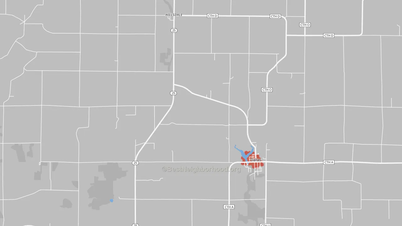 Walk Grade map of 54733, WI, walkable areas in green and car-dependent areas in red