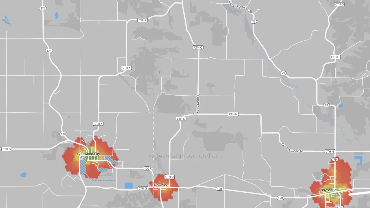 Walk Grade map of 54734, WI, walkable areas in green and car-dependent areas in red