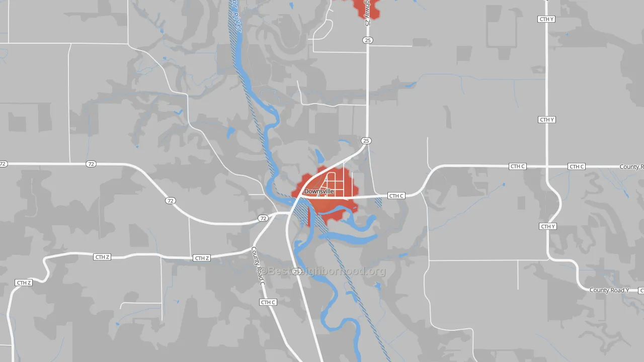 Walk Grade map of 54735, WI, walkable areas in green and car-dependent areas in red