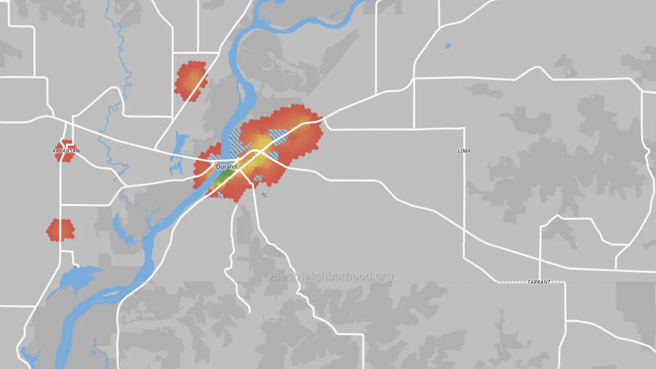 Walk Grade map of 54736, WI, walkable areas in green and car-dependent areas in red