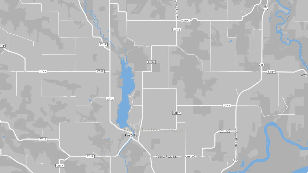 Walk Grade map of 54737, WI, walkable areas in green and car-dependent areas in red