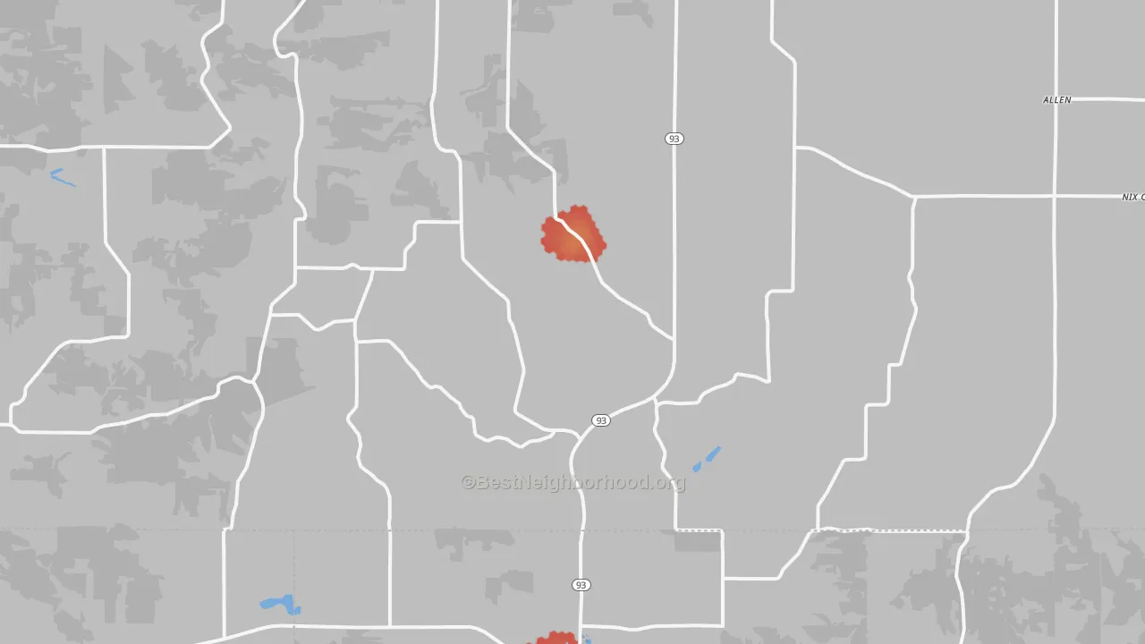 Walk Grade map of 54738, WI, walkable areas in green and car-dependent areas in red