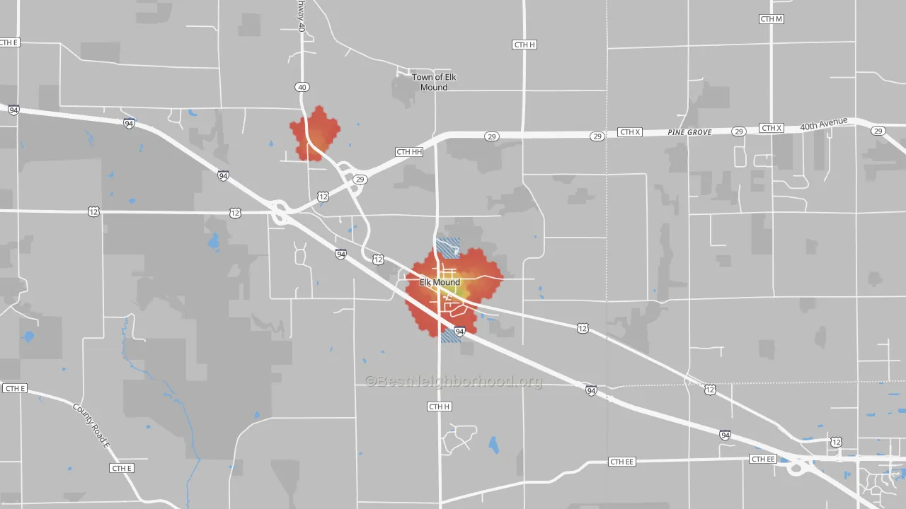 Walk Grade map of 54739, WI, walkable areas in green and car-dependent areas in red