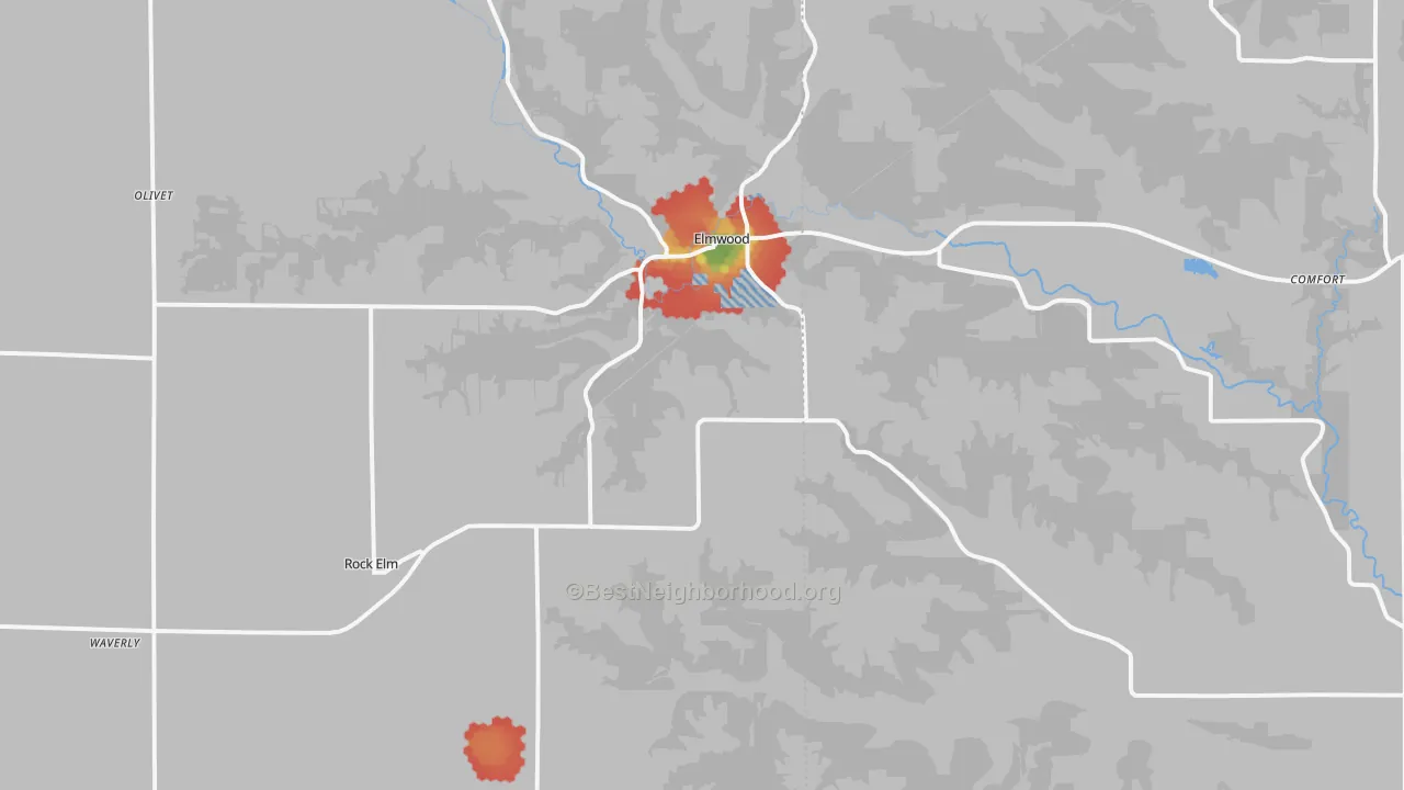 Walk Grade map of 54740, WI, walkable areas in green and car-dependent areas in red