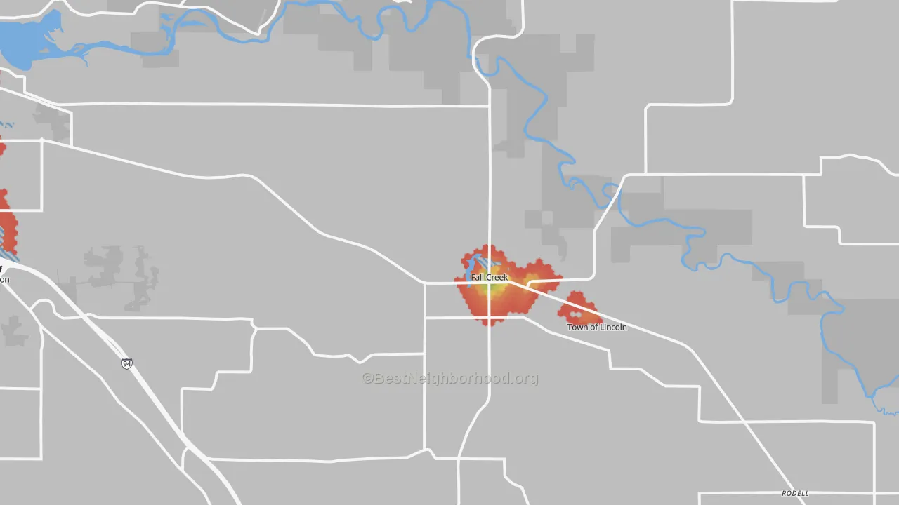 Walk Grade map of 54742, WI, walkable areas in green and car-dependent areas in red