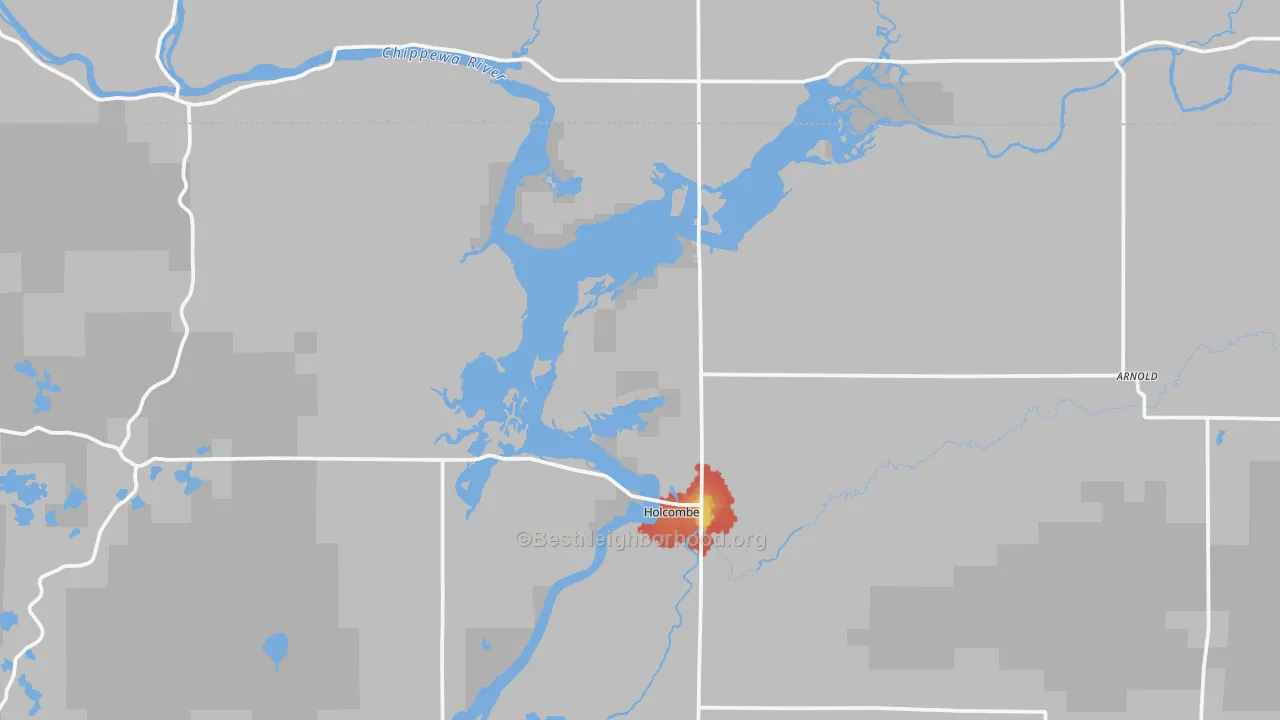 Walk Grade map of 54745, WI, walkable areas in green and car-dependent areas in red