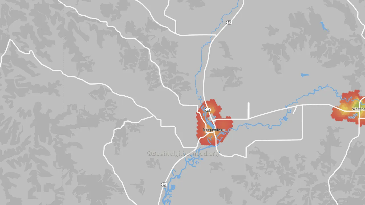 Walk Grade map of 54747, WI, walkable areas in green and car-dependent areas in red