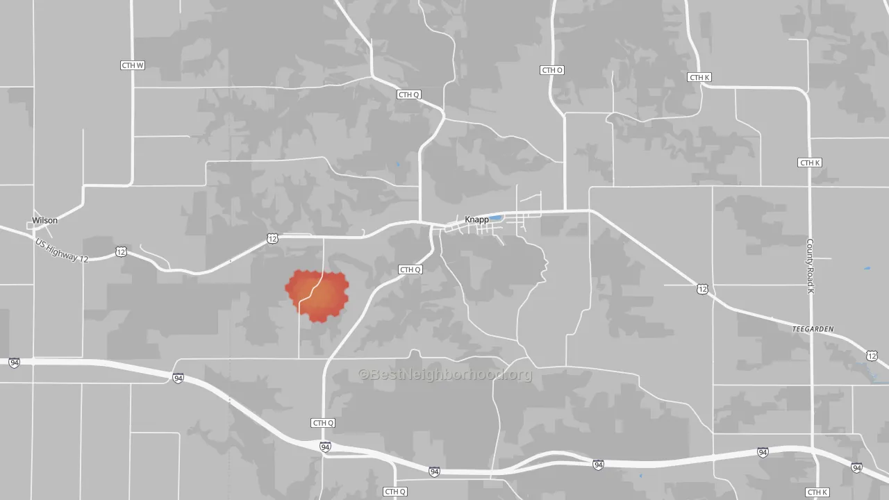 Walk Grade map of 54749, WI, walkable areas in green and car-dependent areas in red