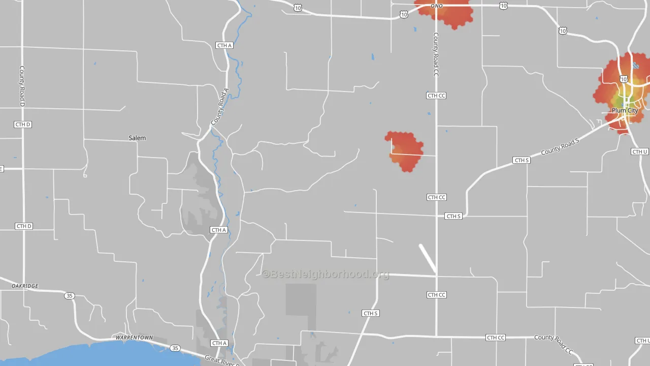 Walk Grade map of 54750, WI, walkable areas in green and car-dependent areas in red