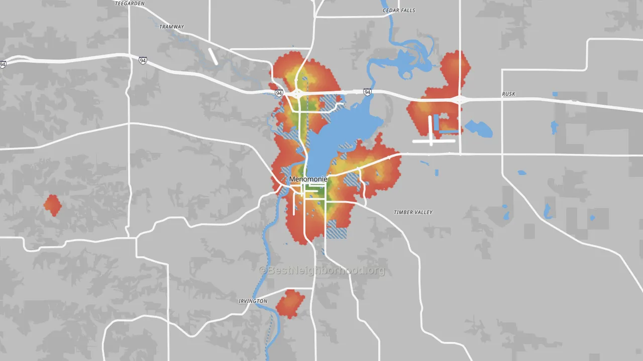 Walk Grade map of 54751, WI, walkable areas in green and car-dependent areas in red