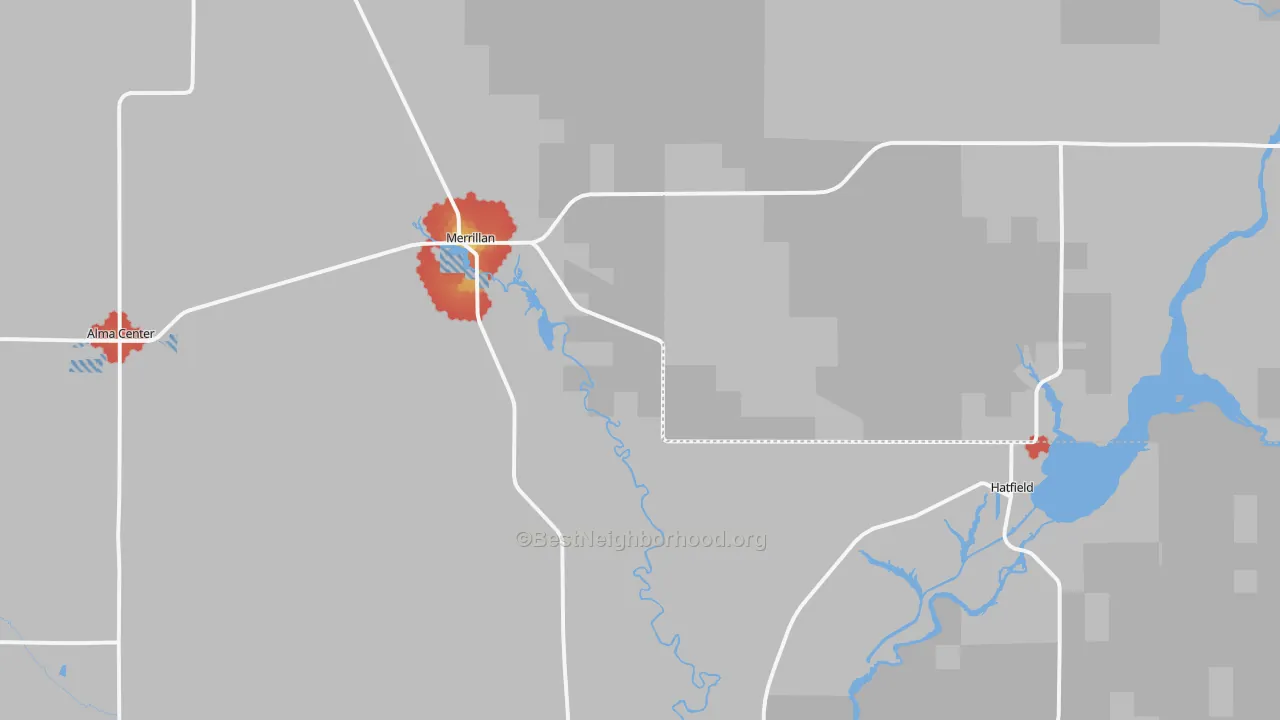 Walk Grade map of 54754, WI, walkable areas in green and car-dependent areas in red