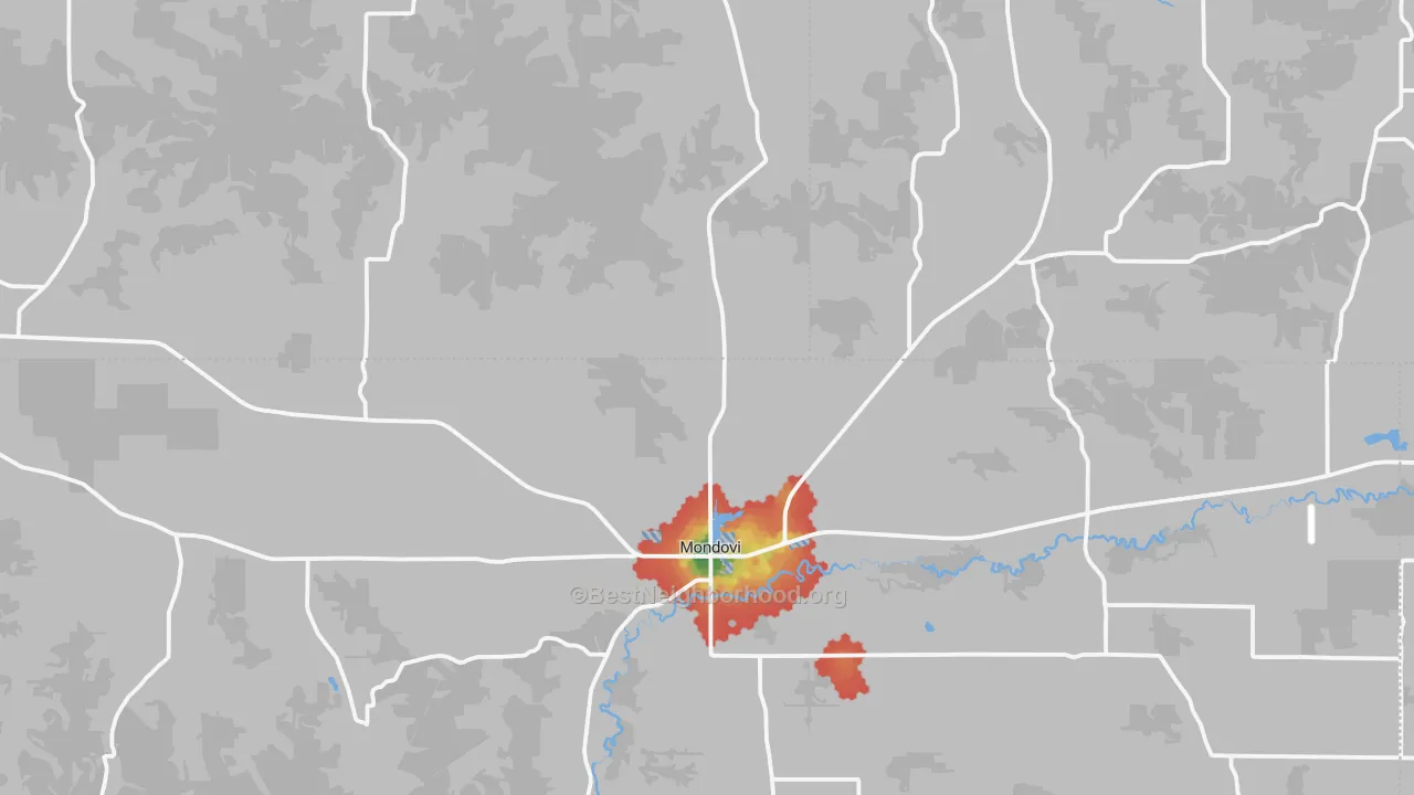 Walk Grade map of 54755, WI, walkable areas in green and car-dependent areas in red