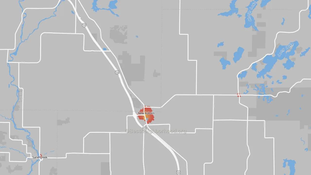 Walk Grade map of 54757, WI, walkable areas in green and car-dependent areas in red