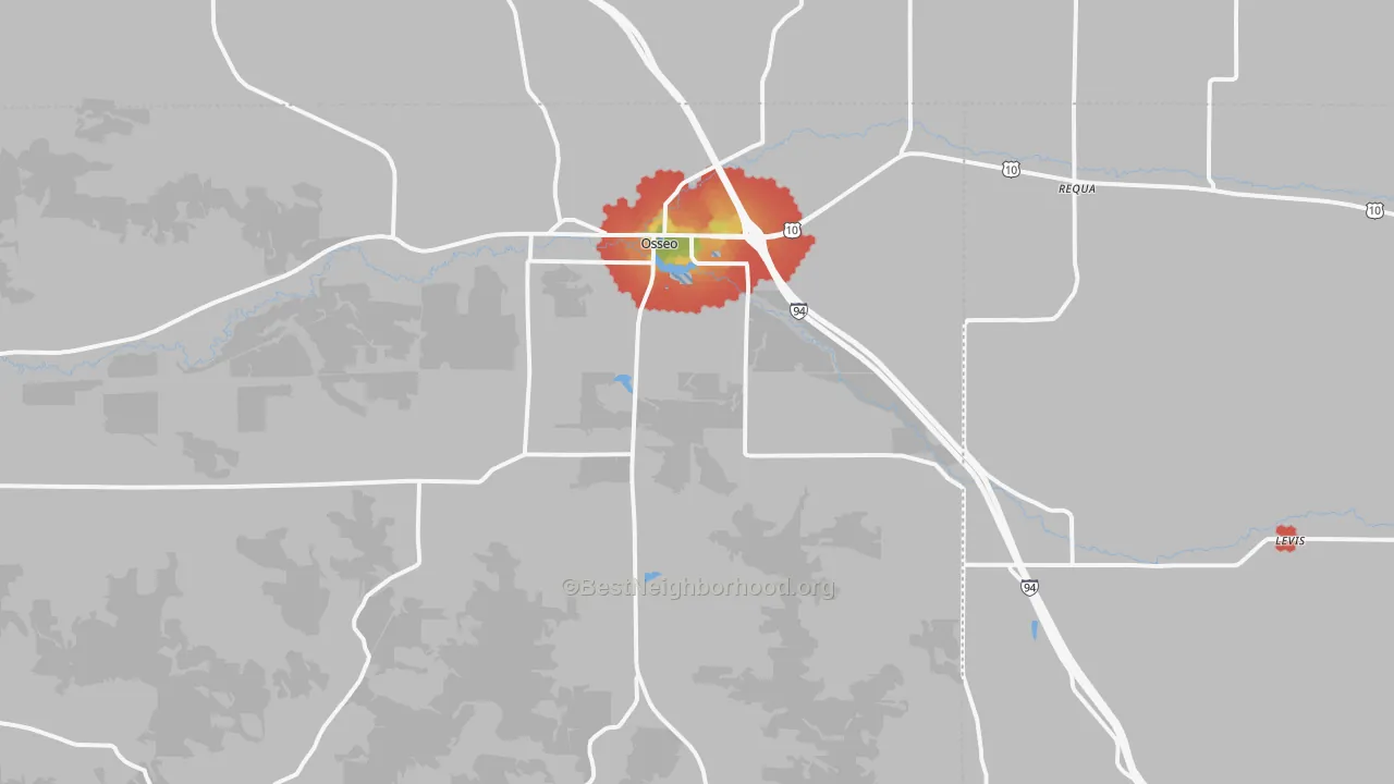 Walk Grade map of 54758, WI, walkable areas in green and car-dependent areas in red