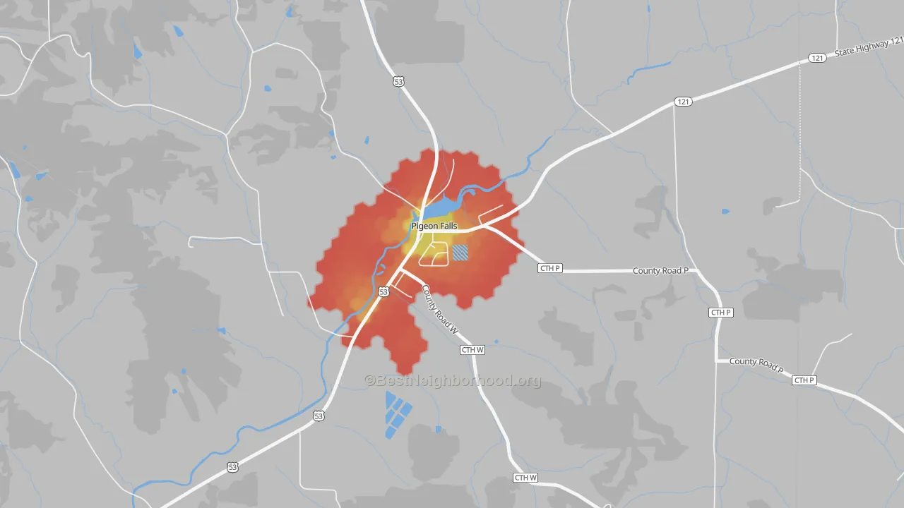 Walk Grade map of 54760, WI, walkable areas in green and car-dependent areas in red