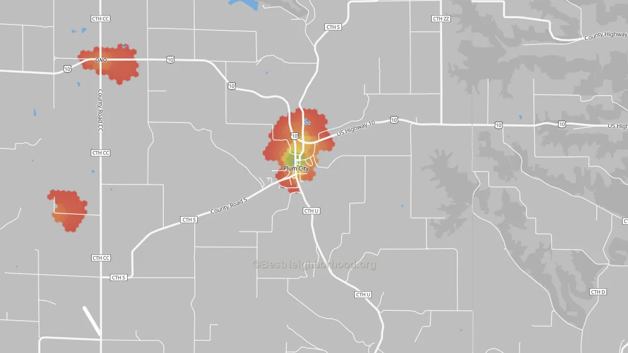 Walk Grade map of 54761, WI, walkable areas in green and car-dependent areas in red