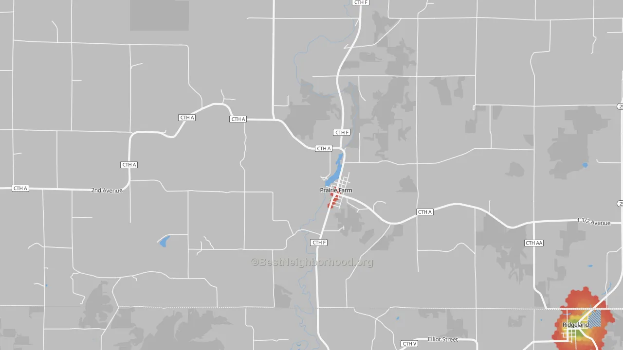 Walk Grade map of 54762, WI, walkable areas in green and car-dependent areas in red