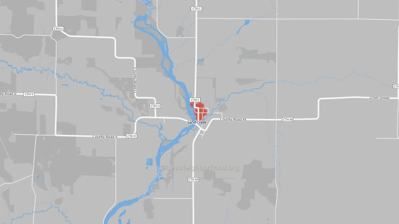 Walk Grade map of 54765, WI, walkable areas in green and car-dependent areas in red