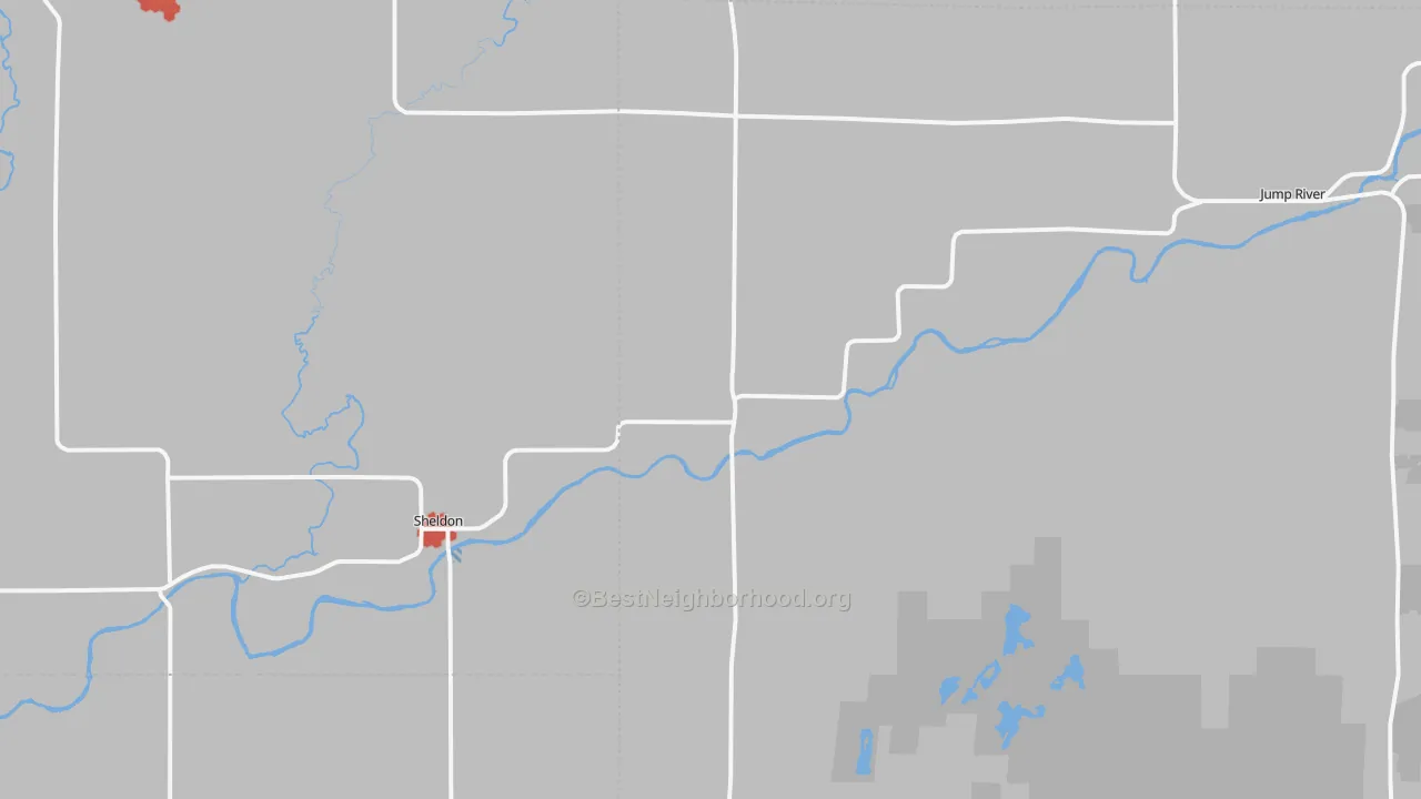 Walk Grade map of 54766, WI, walkable areas in green and car-dependent areas in red