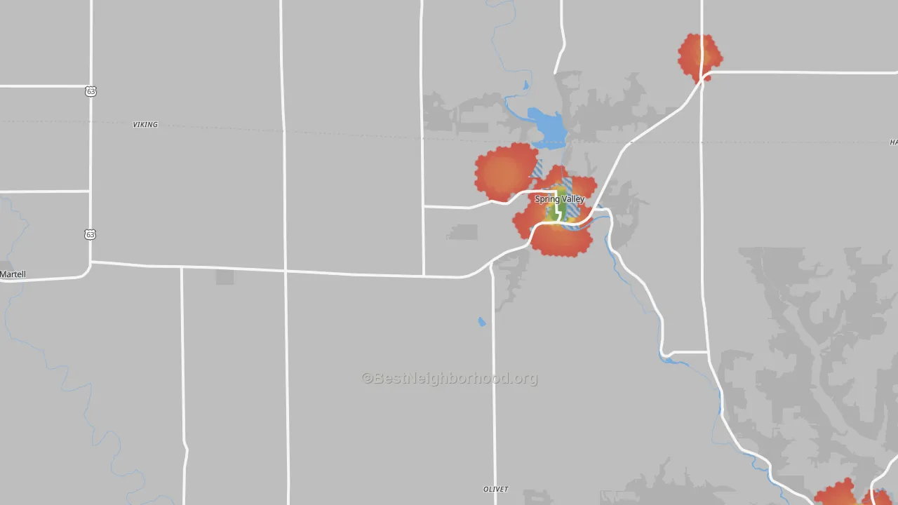 Walk Grade map of 54767, WI, walkable areas in green and car-dependent areas in red