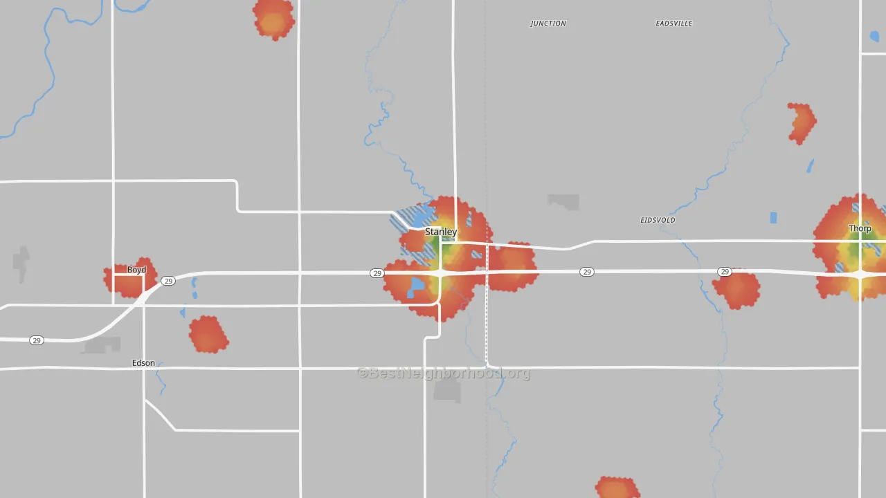 Walk Grade map of 54768, WI, walkable areas in green and car-dependent areas in red