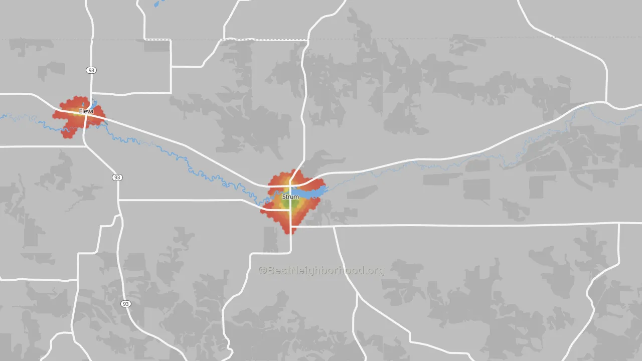Walk Grade map of 54770, WI, walkable areas in green and car-dependent areas in red