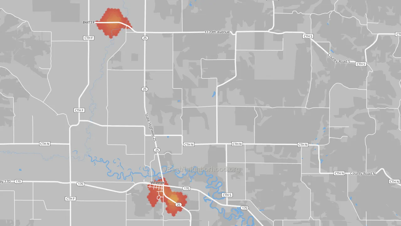 Walk Grade map of 54772, WI, walkable areas in green and car-dependent areas in red
