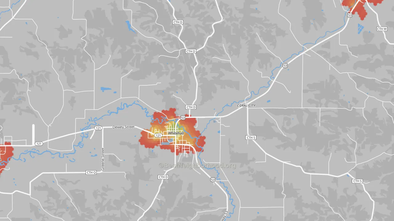 Walk Grade map of 54773, WI, walkable areas in green and car-dependent areas in red