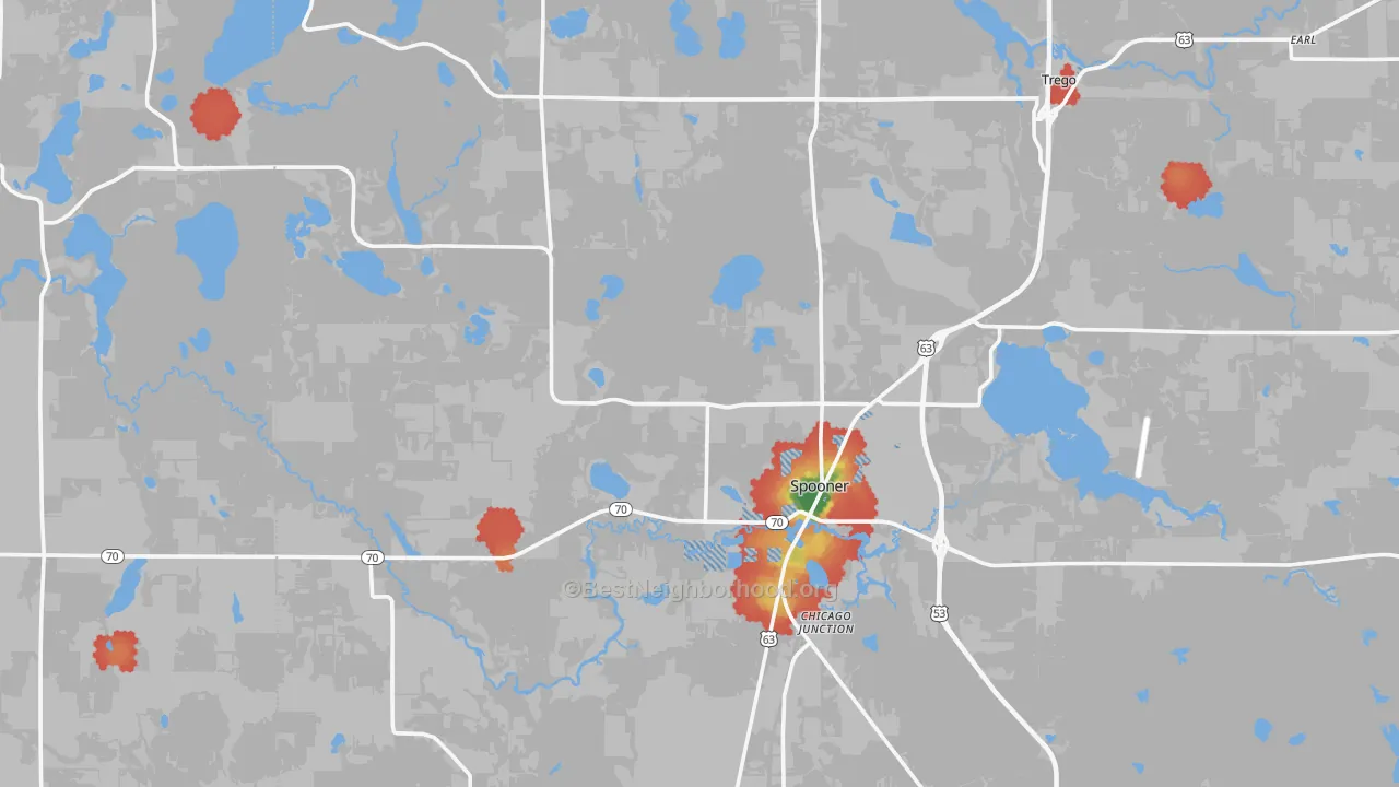 Walk Grade map of 54801, WI, walkable areas in green and car-dependent areas in red