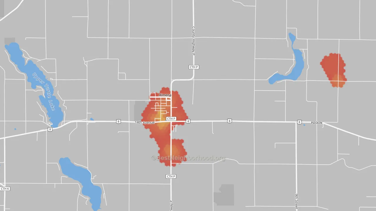 Walk Grade map of 54805, WI, walkable areas in green and car-dependent areas in red